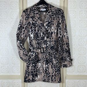 Rain Coat Women's L Liz Claiborne Leopard Double Breasted Lined Belted Beige/Blk